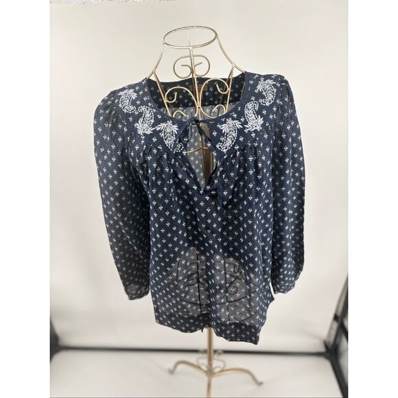 JCREW Point Sur embroidered block print peasant top Navy Women’s Size XS - Picture 1 of 10